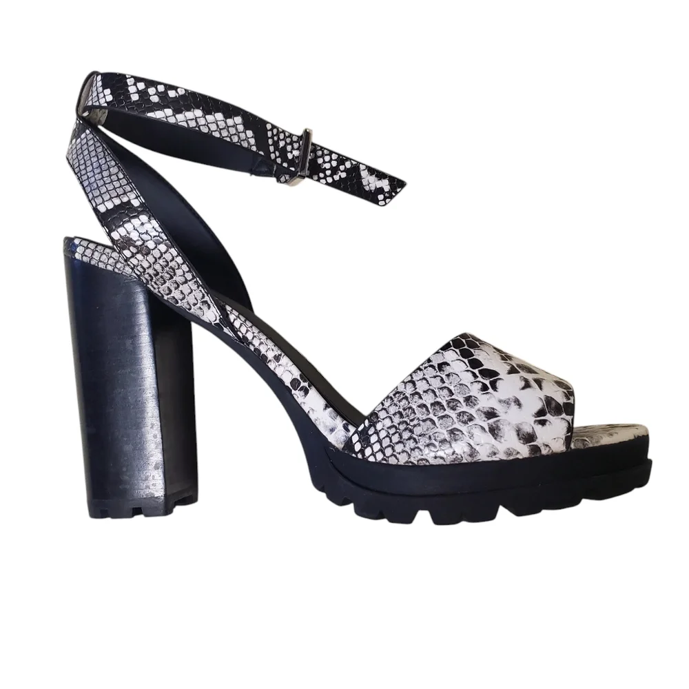 Aldo Black and White Snakeskin Slingback Block Heels